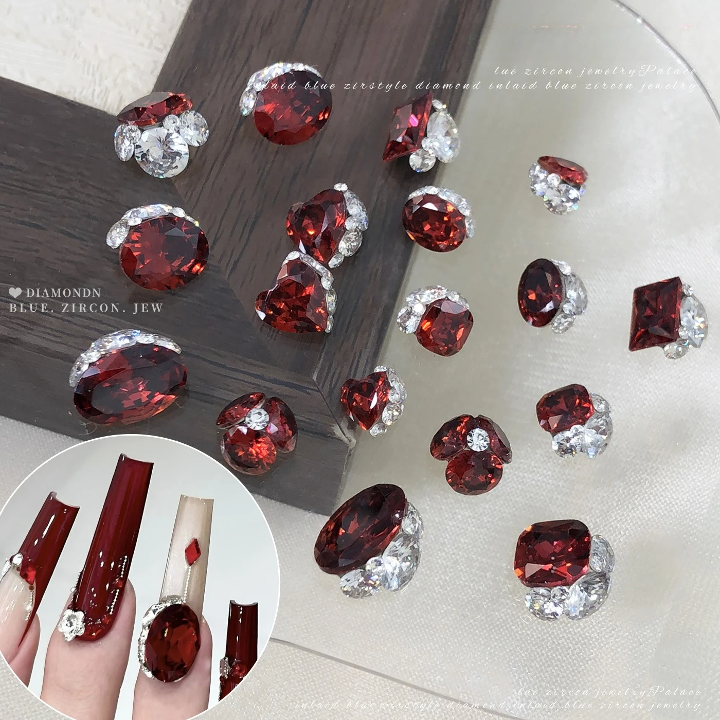 2Pcs Anchora Cherry Red Zircon Nail Charms, shiny blood-red frameless stacked beads for DIY exquisite manicure decoration