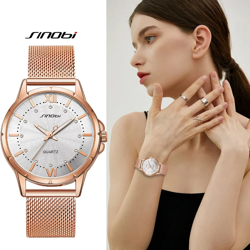 SINOBI Luxury Elegant Women Quartz Watch 37mm Dial Classic Rosegold/Silver Diamond Ladies Stainless Steel Wristwatch for Femme