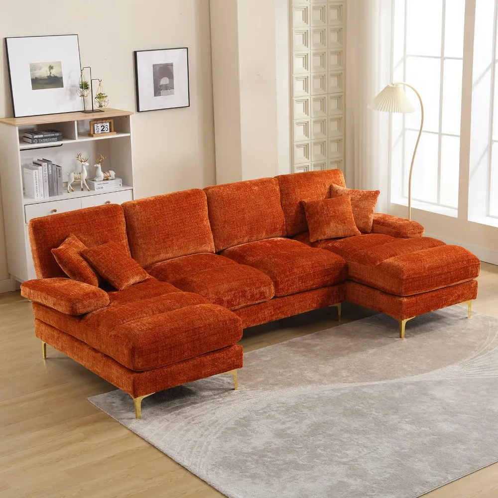 

U-Shaped Sectional Sofa, Modern Chenille Tufted Overstuffed Comfy Cloud 4 Seater Couch with Double Chaises & Pillows