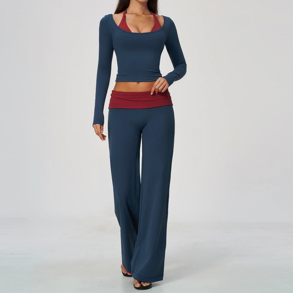 2-teiliger Yoga-Trainingsanzug für kurvige Frauen, kontrastfarbenes, dehnbares, langärmeliges Crop-Top, umklappbare Taille, weit geschnittene Hose, passendes Set – Detail 4