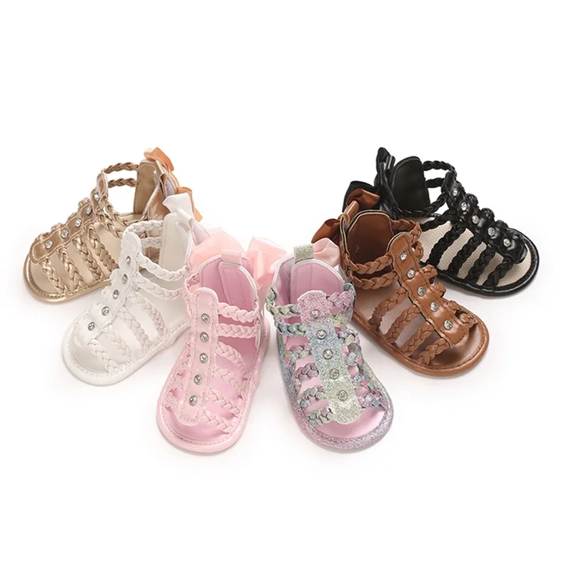 0-18M Baby Girl Hollow Out Sandals PU Leather Braided Non-slip Bowknot Summer Flats Toddler Shoes for Casual Daily