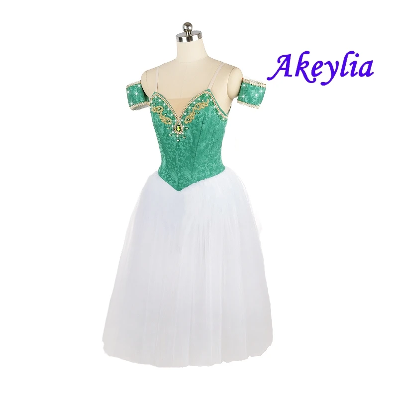 No elastic turquoise Romantic Ballet costume Princess dress green Professional La Sylphide Women White Fairy Ballet Long JNBL161