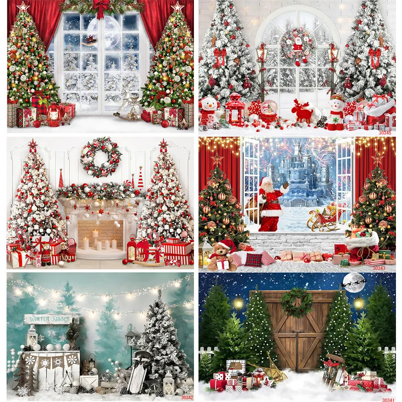 

SHUOZHIKE Christmas Tree Window Candy Photography Backdrop Wooden Doors Snowman Cinema Pine New Year Background Prop LPR-41