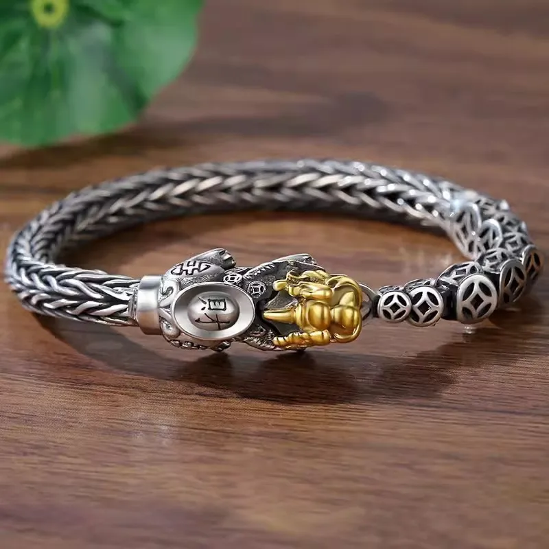 Silver 925 exquisite Pixiu copper coin bracelet men's retro ethnic style keel chains bangles banquet domineering jewelry gift