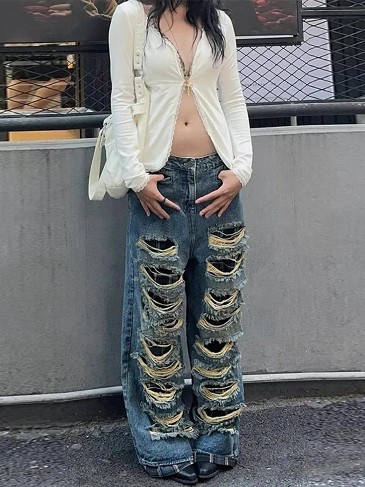 

Distressed Women's Ripped Holes Denim Jeans Pant High Street Style Spring New Hollow Out Fashion Chic Trendy Female Trousers