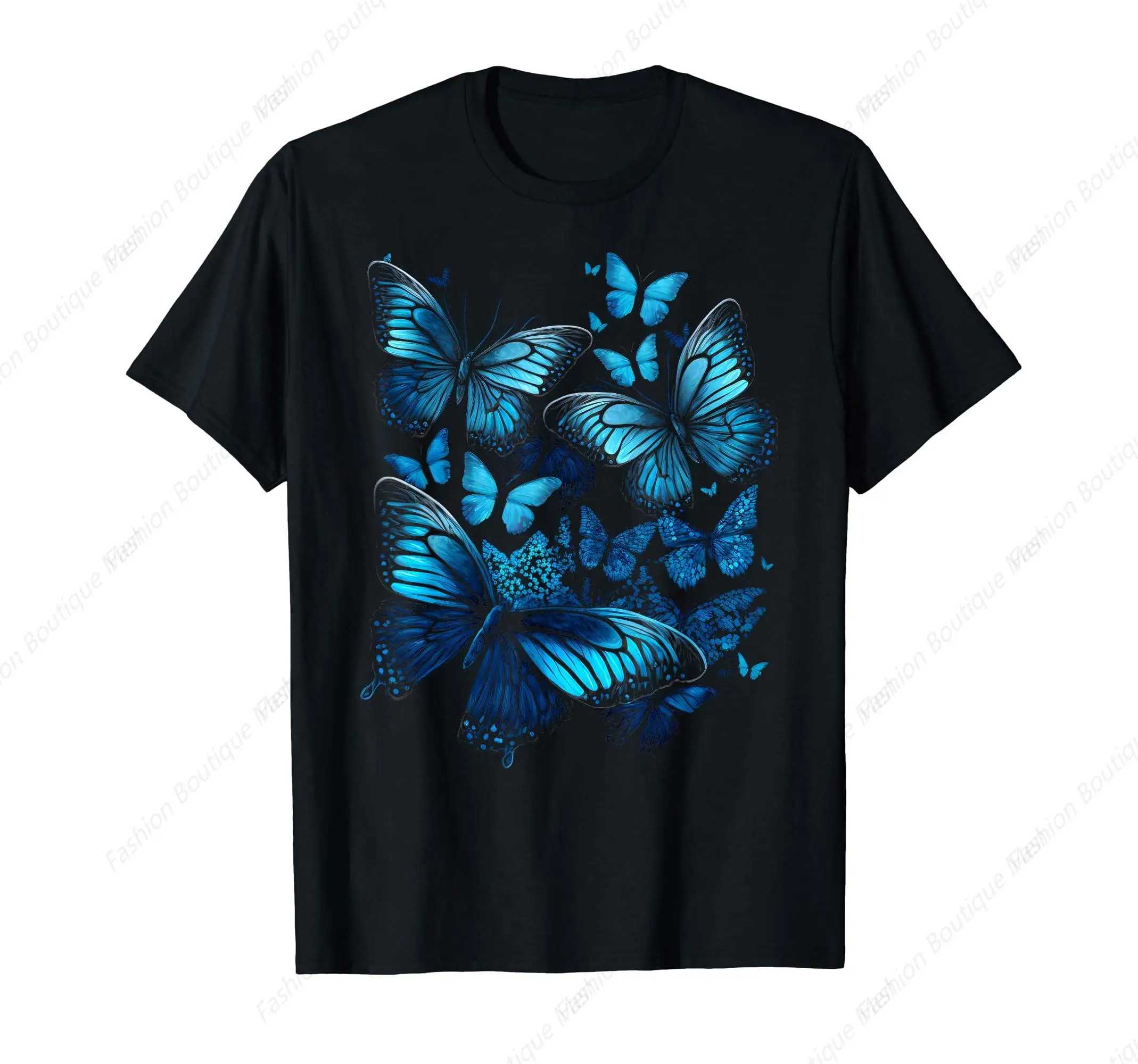 Retro Blue Butterfly Printed Beautiful T-Shirt Men Women Couples Aesthetic Pursuit Gift Cotton Tees Tops