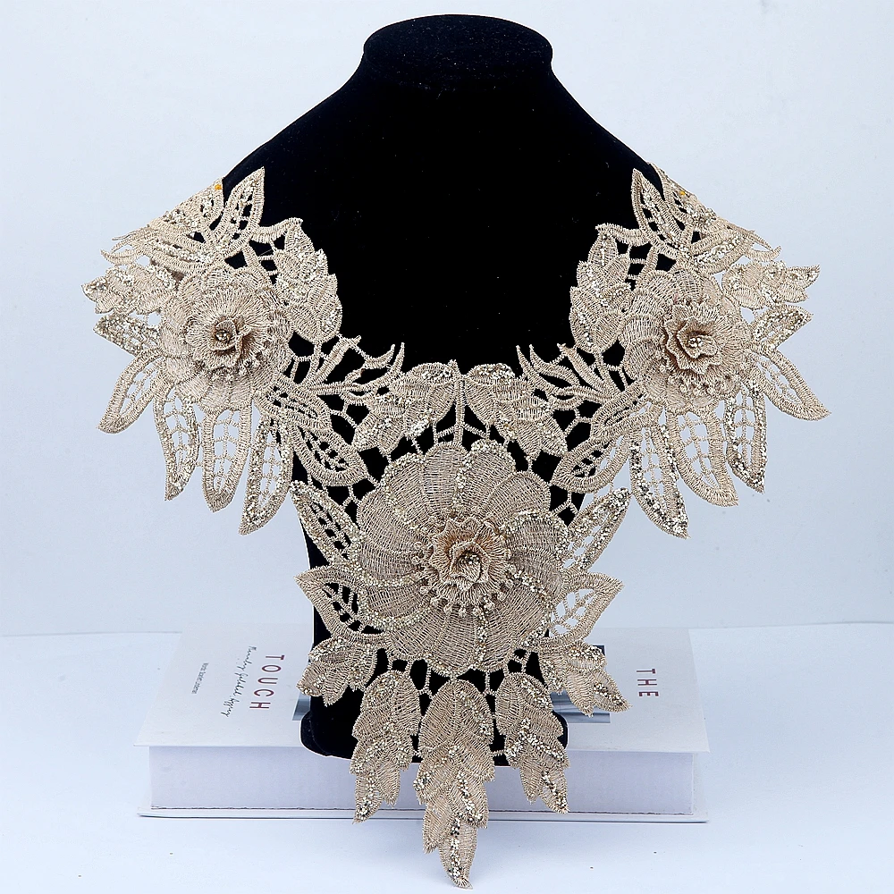 MLAEY Gold Flower Necklace Lace Collar 3D Embroidery Neckline Applique Sewing Lace Trim DIY Lace Fabric Sewing Fabric Trim 19724