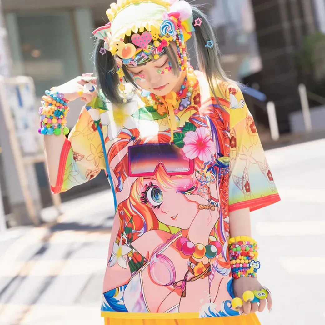 2026 New Harajuku Y2K Summer Beach Anime Girl T-shirt Full Print Tropical Wave Surfboard Red Edge Adult Children