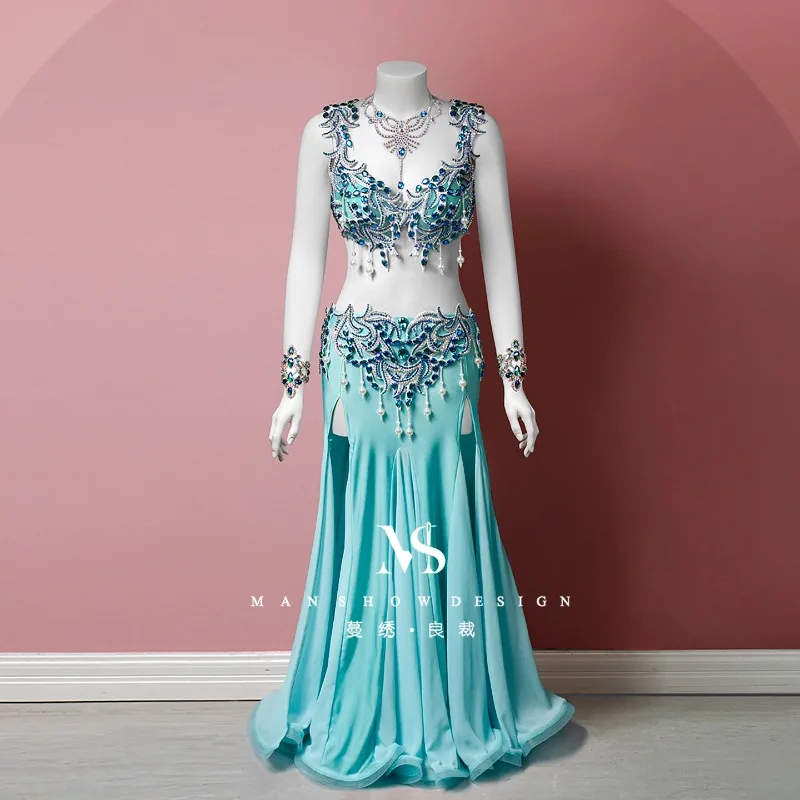 

customized belly dance performance costume for women colorful diamond bracelet accessories tassel water blue fish tail set
