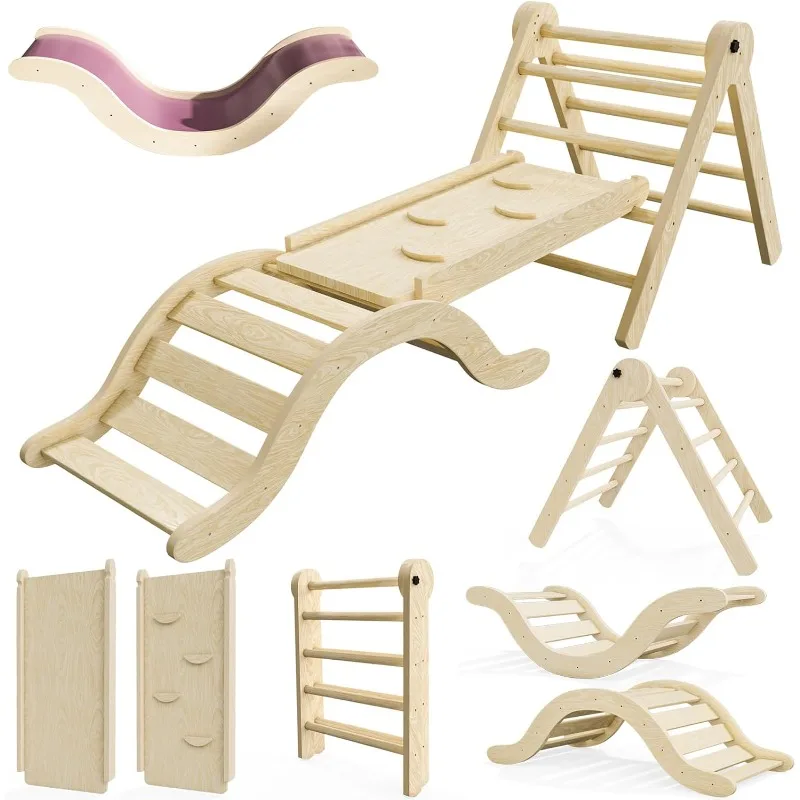 

Pikler Triangle Set Climber 5 in 1, Toddler Climbing Toys Indoor Folding with Ramp & Arch & Mat for Montessori Play Gym for
