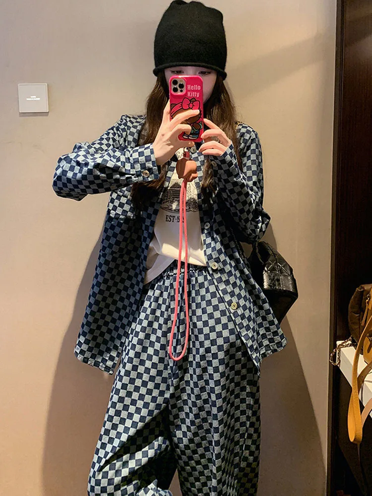 Checkered loose casual denim Jacket suit fashion set for women\'s autumn 2024 new high-end wide leg pants two-piece set