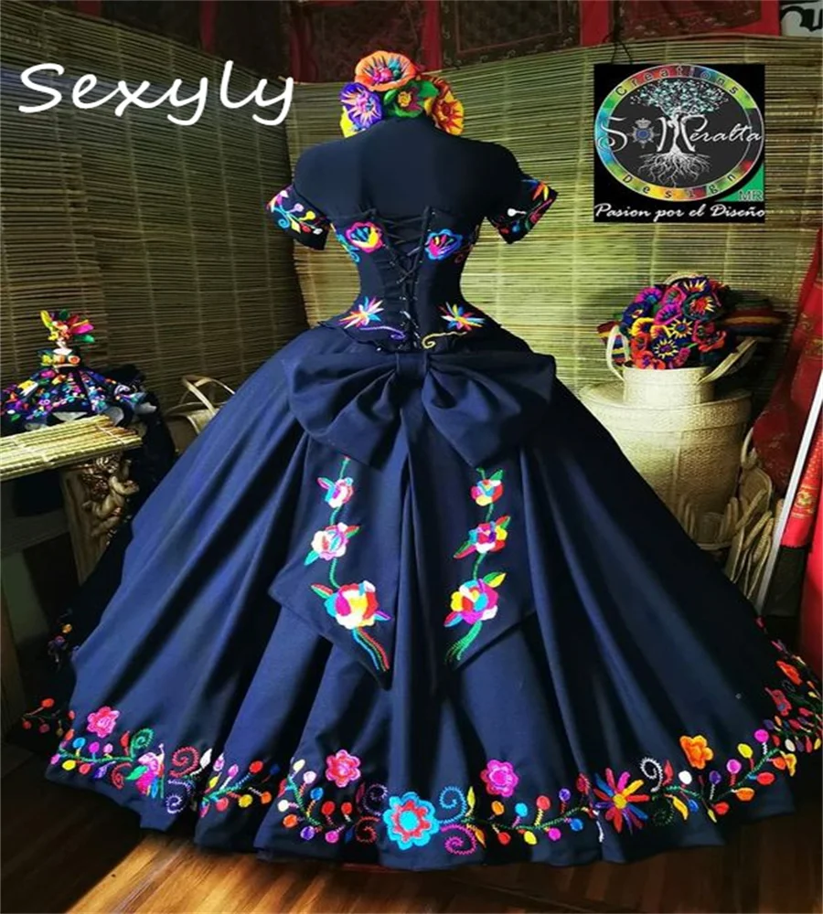 Customzied Navy Blue Quinceanera Dress With Embroidery Vestidos Para Xv Años Sweet 15 Robe De Soirée Corset Ballkleider Mexican