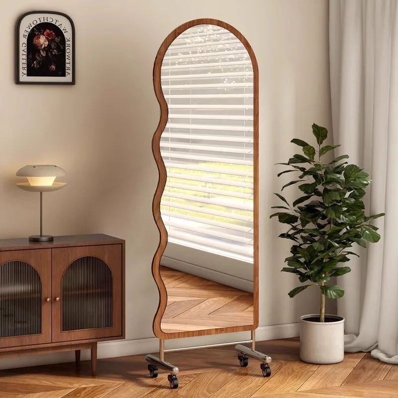 

Medieval full body floor mirror household wave movable dressing girls bedroom simple fitting mirror
