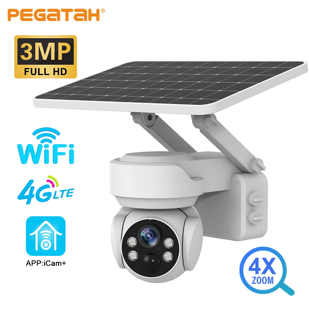 

3MP 4G Wireless Solar Camera WiFi Outdoor 4X Optical Zoom Motion Detect Color Night Vision Security Surveillance IP PTZ Cameras