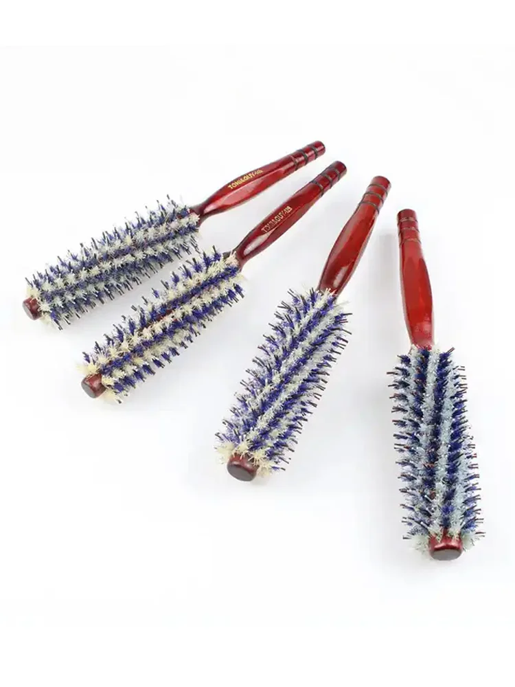 Barber Hair Straight Twill Roller Wood Handle Hairbrush Round Barrel Hair Comb for Women Blowing Curling Hair