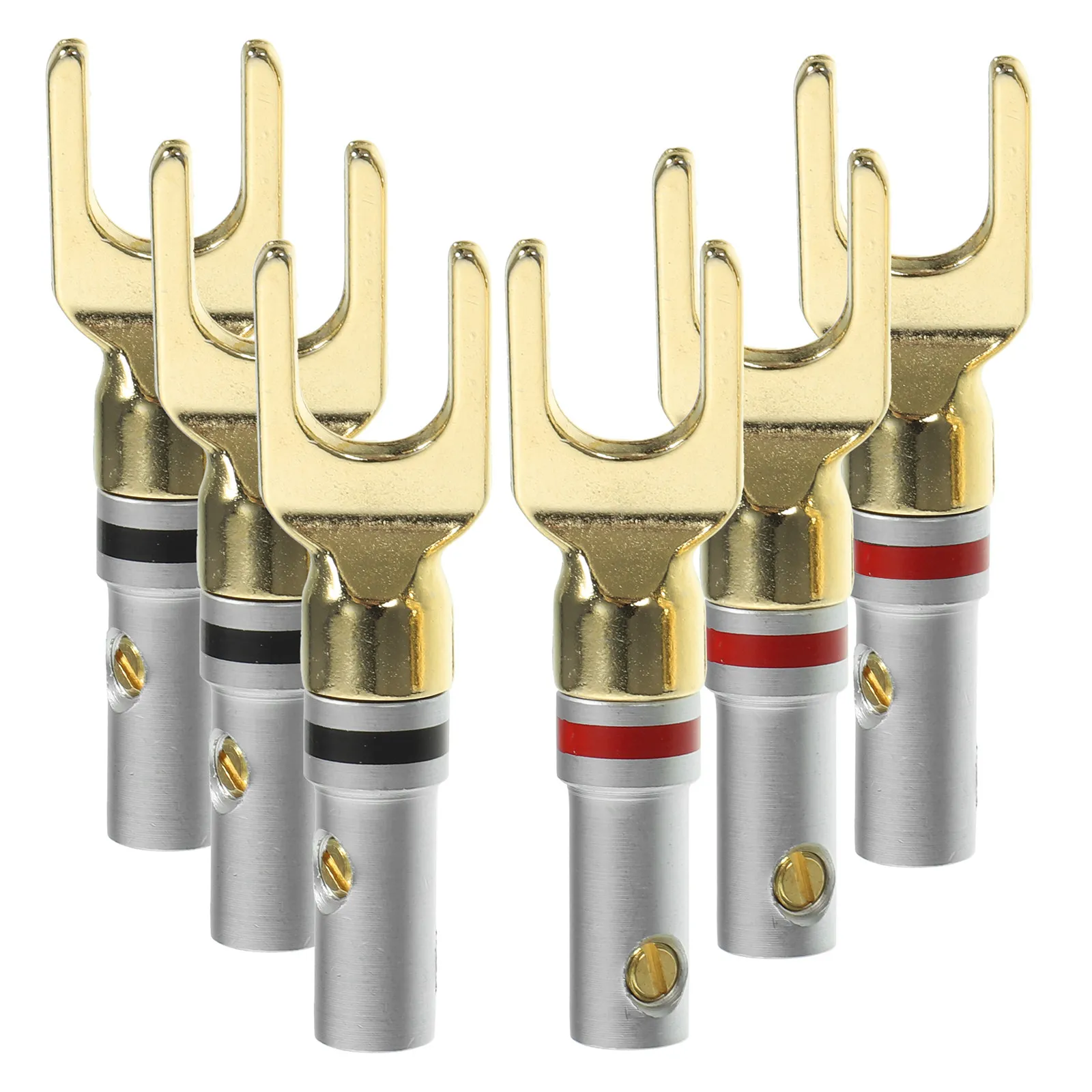 

6 шт. разъемов для акустических кабелей, U-образные штекеры с золотым покрытием, аудиоразъемы для самостоятельной сборки, обеспечивающие высококачественный звук и стабильное соединение.