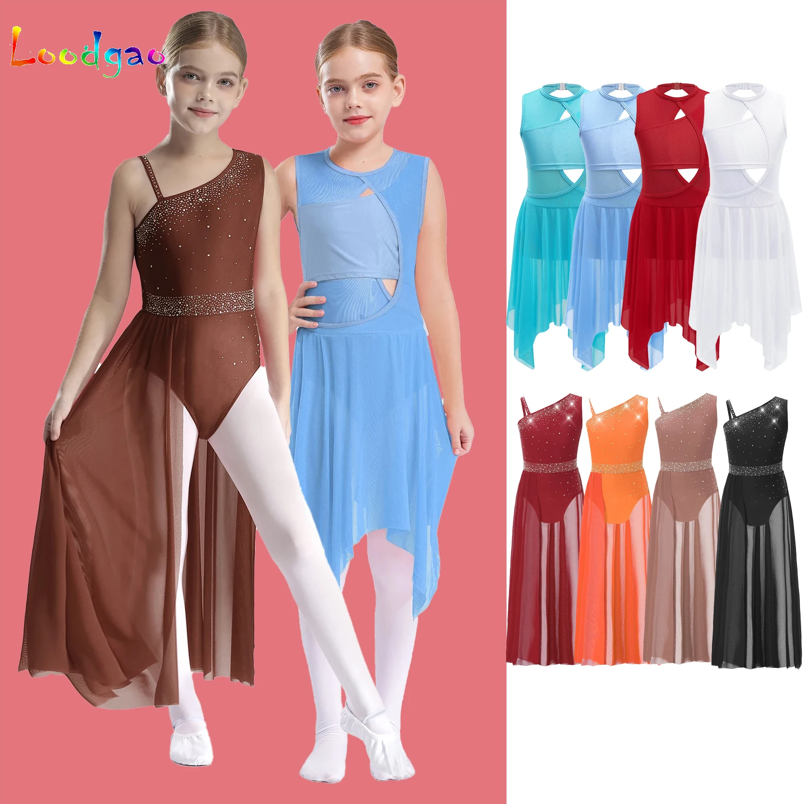Kids Girls Skirted Leotard Dancewear Modern Lyrical Dance Costume Rhinestones Asymmetrical Shoulder Sleeveless Sheer Mesh Dress