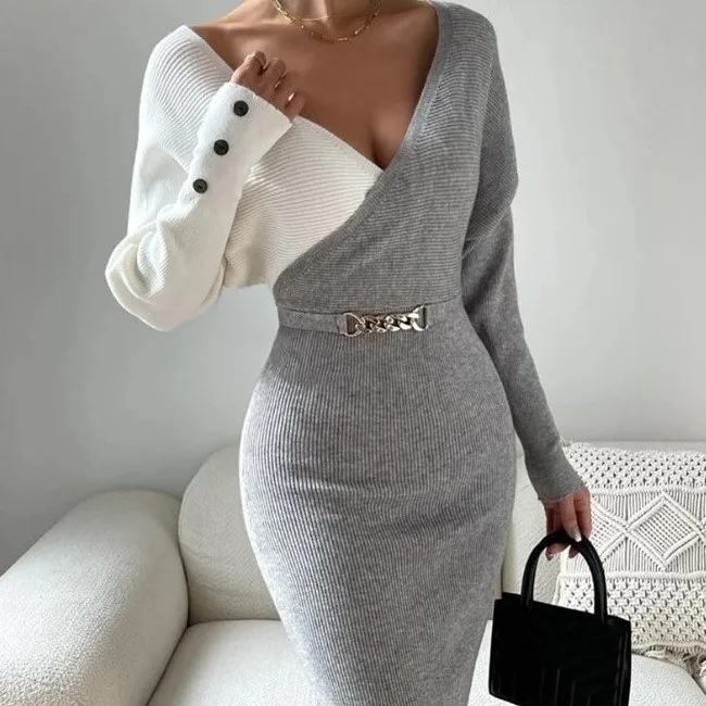 Women\'s Spring Summer Long Sleeved Fashion Splicing Print High Neck Sexy Split Waist Tight Wrap Hip High Waist Mid Length Dress