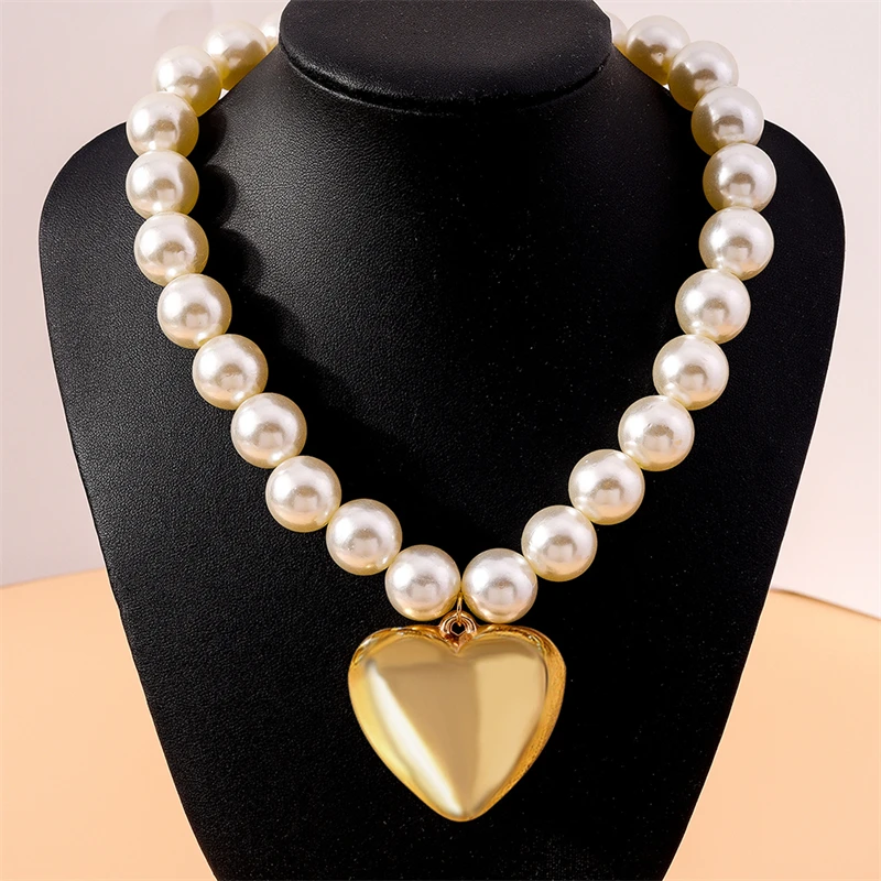 Elegant Imitation Pearl Necklace for Women Big Love Heart Pendant Necklace Girls Party Festival Jewelry Gifts