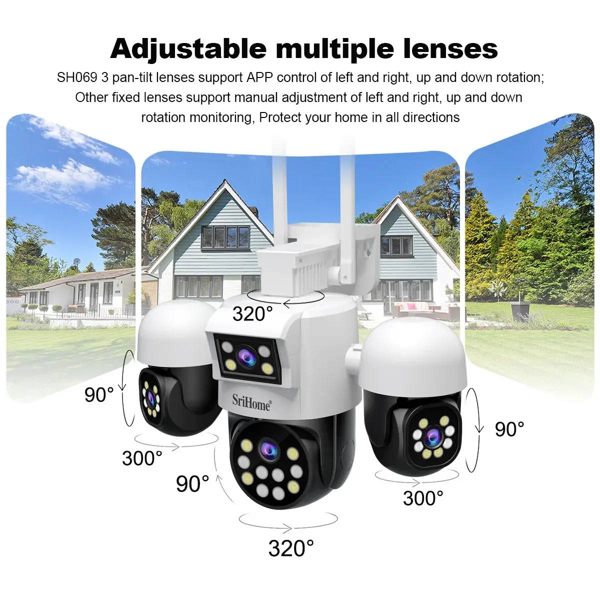 Srihome SH069 Cámara de vigilancia WiFi de 8MP 4 lentes Zoom 3X CCTV Smart Home360 °   Cámara de seguridad impermeable con seguimiento panorámico HD AI