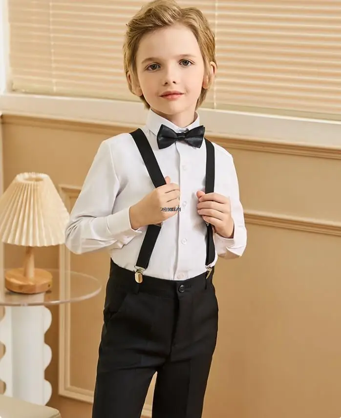 

Kids Shirt Strap Pants Bowtie 4PCS Clothing Set Boys 007 Photograph Suit School Children Piano Performance Dance Dress Costume