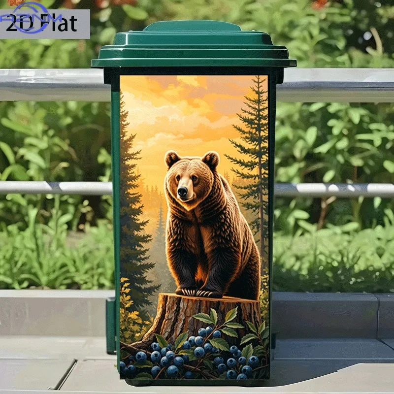 Printing Trash Can Sticker 37×82cm, Forest Brown Bear Shadow Themed Design, Self-Adhesive Wall Decal Wallpaper, Kitchen Trash