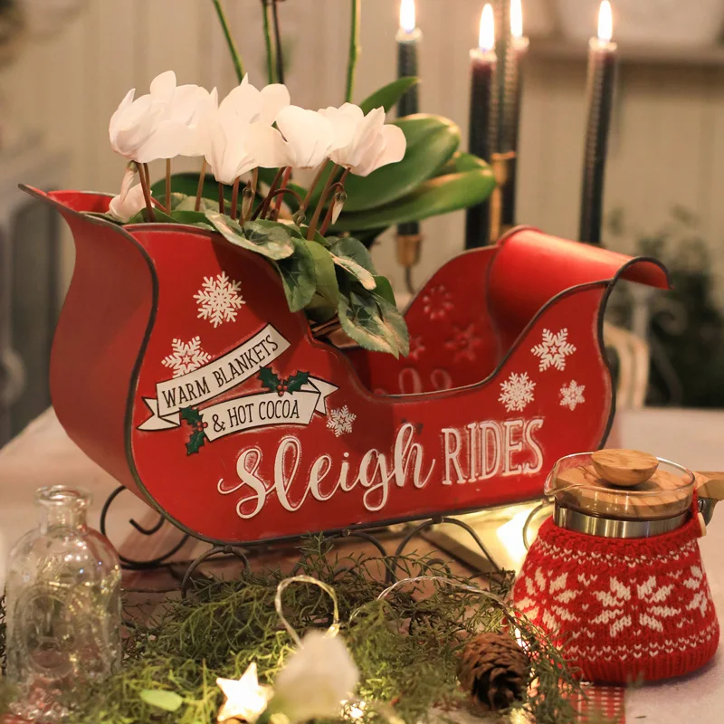 Merry Christmas Red Sledge Metal Sleigh Christmas Craft Supplies Indoor Decoration 2023 New Year Gift Party Decoration