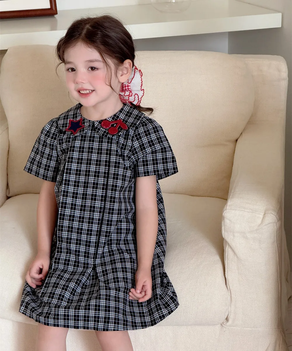 

summer dresses Cherry star pattern embroidery Peter Pan collar baby girl clothes Checkered pattern student style dress