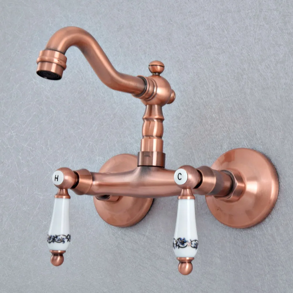 

Antique Red Copper Brass Two Ceramic Handles Wall Mounted Kitchen Bathroom Swivel Spout Faucet Mixer Tap asf893