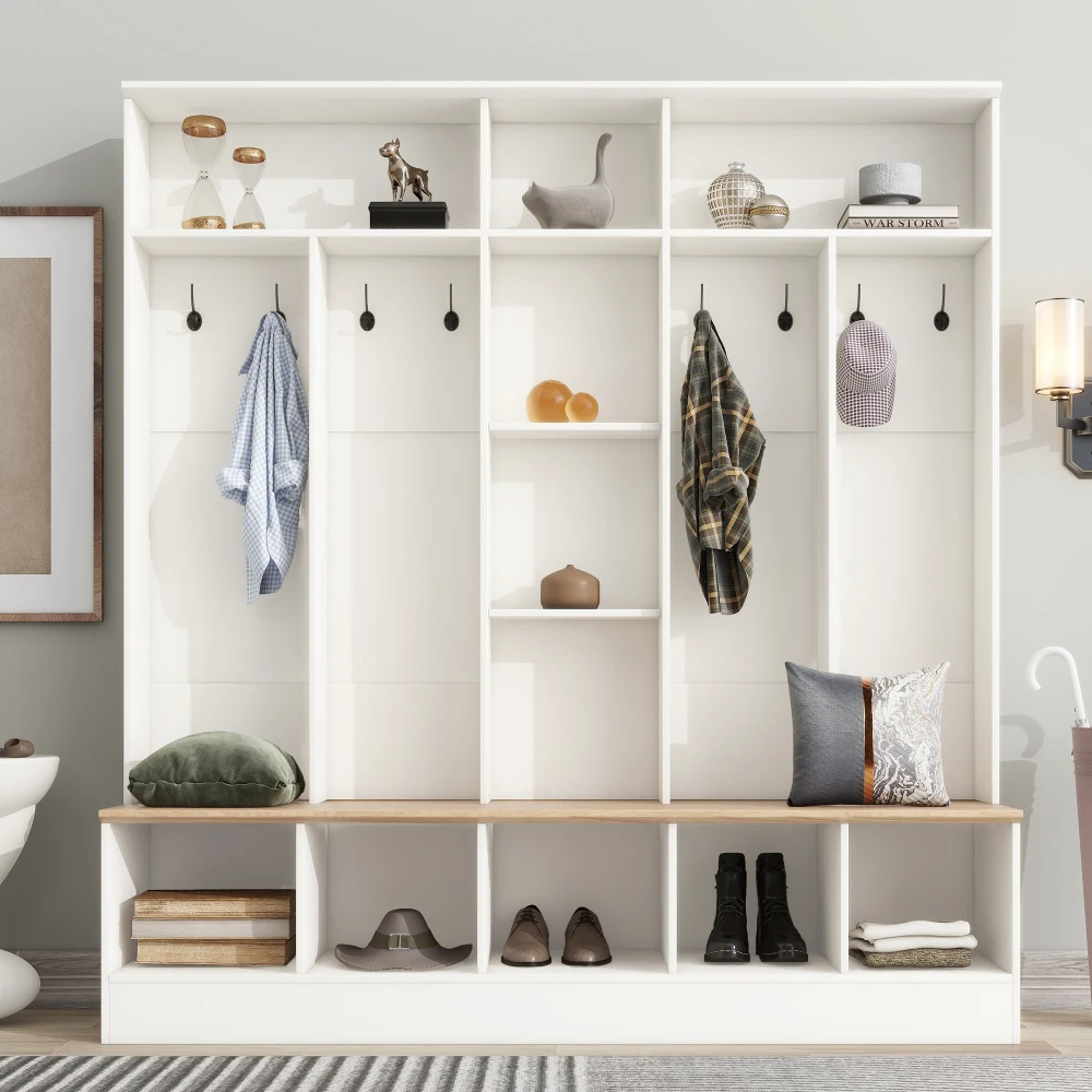 

ON-TREND Wide Design Hall Tree with Storage Bench Minimalist Shoe Cabinet with Cube Storage & Shelves Multifunctional Coat Rack