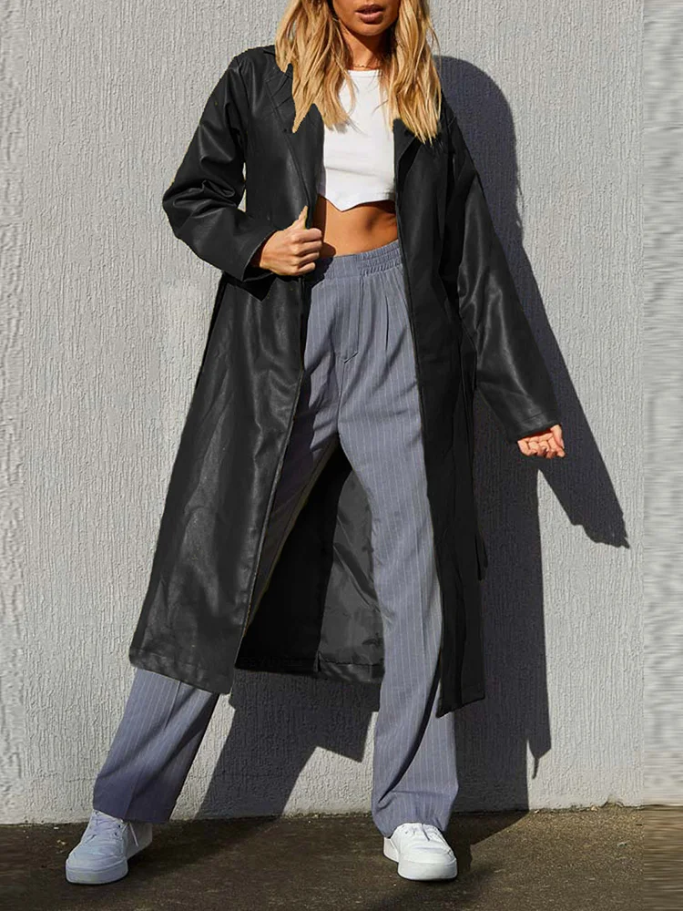 New Leather Style Lady Solid PU Long Jackets Casual Women Streetwear Vintage Coat Loose Long Sleeve Outerwear With Pockets