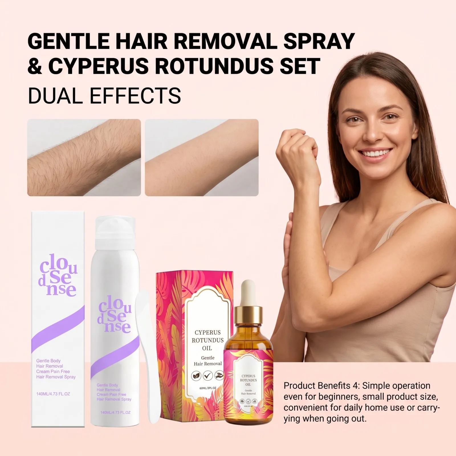 Painless Hair Removal Spray+Cyperus Rotundus Care Oil Fast Acting Reduce Skin Redness Hair Growth Inhibitor Face Arm Body