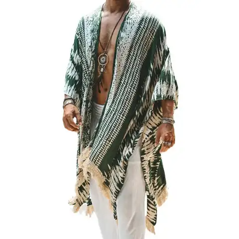 Men Tulum Linen Holiday Cardigan Men's Long White Cardigan Spring / Summer Thin Men's Sun Protection Shirt Fringe Long Cardigan