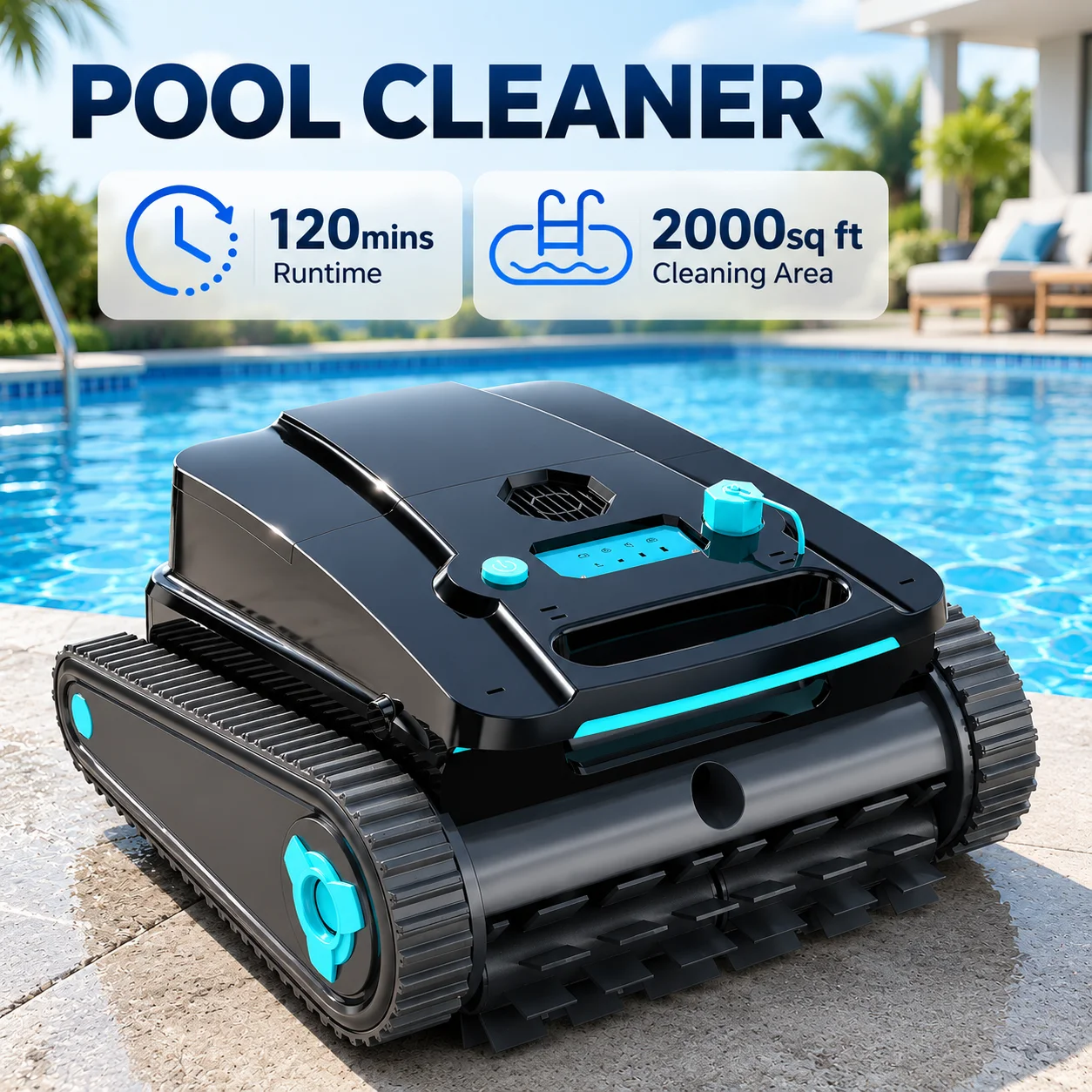 Robot nettoyeur de piscine H2, autonomie de 120 minutes, surface de 2000 pieds carrés. Nettoyage des murs de piscine, nettoyage de la ligne d'eau, auto-avanceur pour le nettoyage des piscines