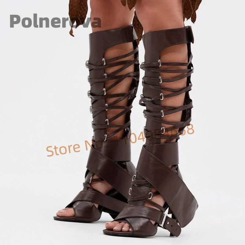 Women Multiple Buckle Straps Sandal Boots Gladiator Knee High Summer Boots Leather Designer Style Handmade Stilettos Shoes