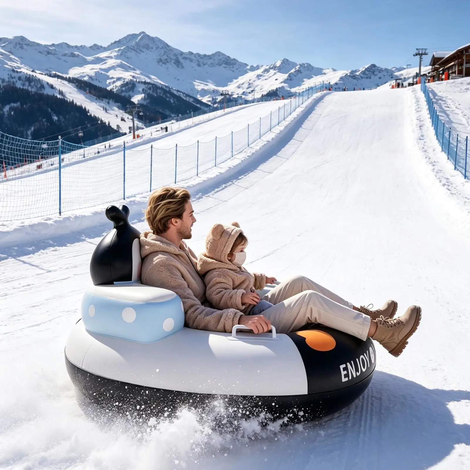 Snow Tube Inflatable Penguin Backrest Design Winter Toys With Handles 2 Person Snow Tube For Boys Girls Outdoor Sledding Ski