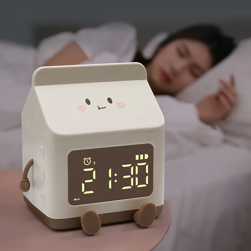 Fun Milk Box Alarm Clock Student Wake Up Countdown Time Management Children's Cartoon Digital Table Clock