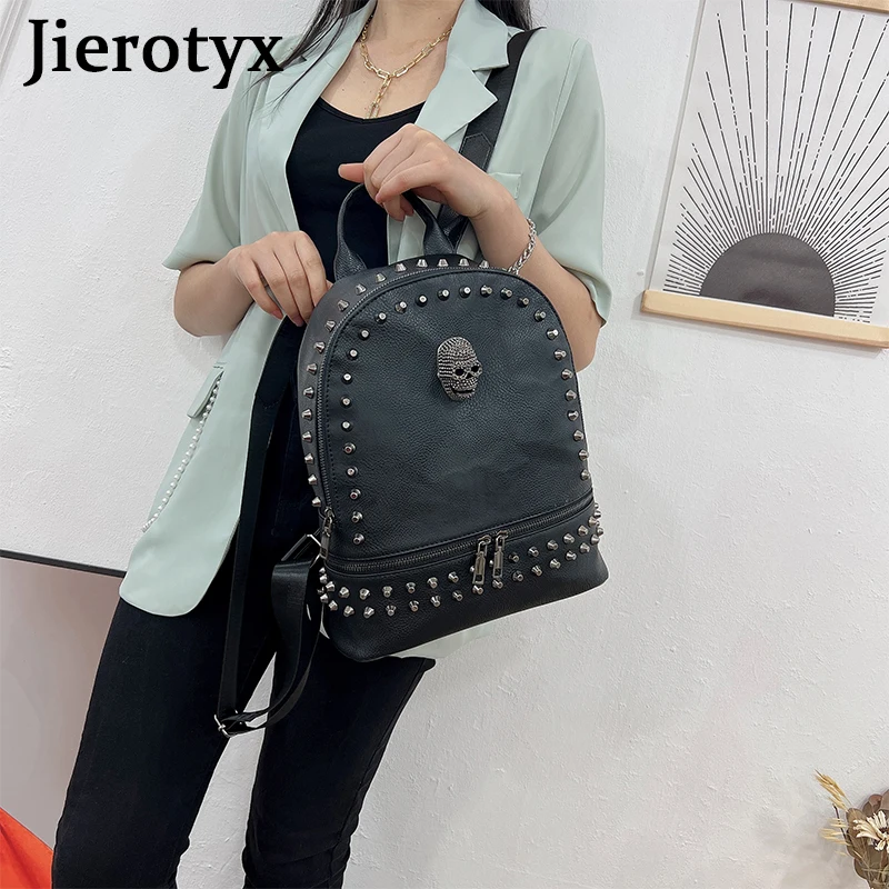 JIEROTYX-mochila de piel sintética con remaches para mujer, bolso escolar de gran capacidad, de diseñador, estilo gótico, color negro