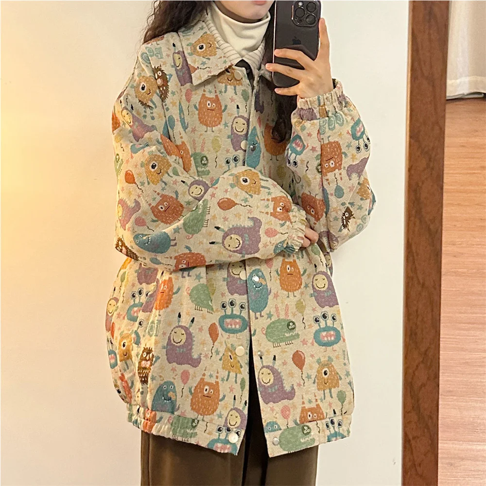 Spring and Autumn Department retro preppy coat men's and women's loose fashion brand fun full print cartoon lapel lovers jacket