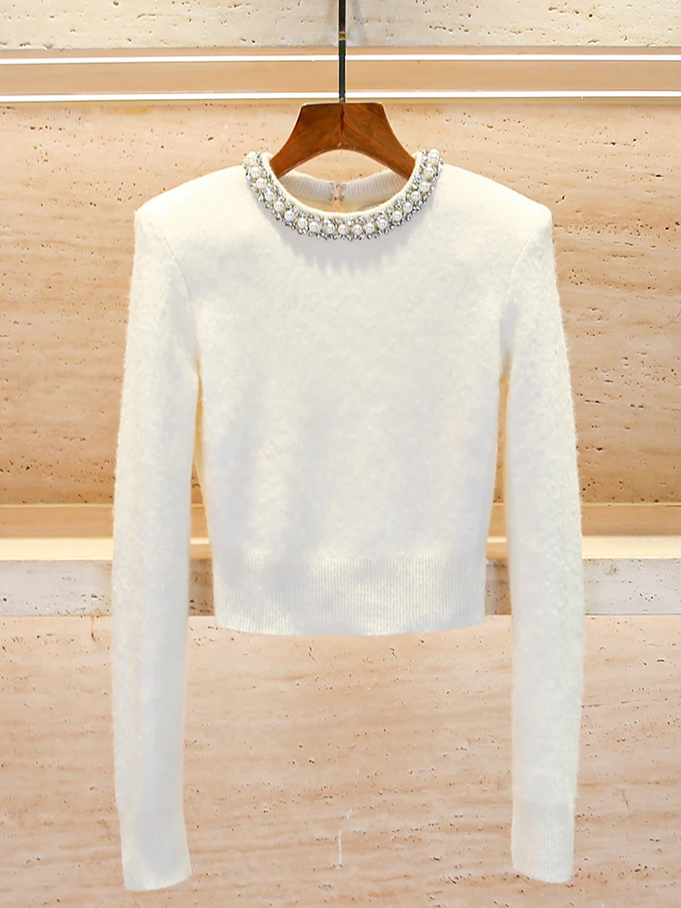 

Роскошный европейский женский вязаный свитер с бисерной отделкой, изысканная работа, топ в стиле Шанель, для повседневной носки, простой, стандартный крой