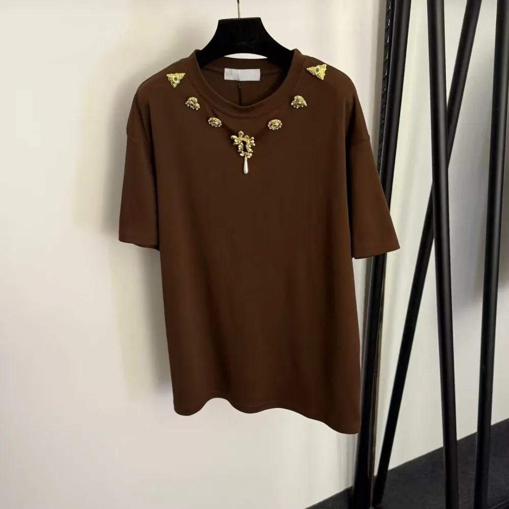 High Street Cotton Tees S-shirts Women's Pearl Inlaid Irregular Metal Buckle Fashionable Short Sleeved Casual Loose T-shirt Tops