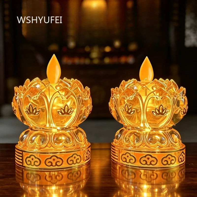 2pcs Acrylic LED Lotus Buddha Lamp Electronic Prayer Lamp Transparent Lotus Shape Altar Worship Light for Temple Shrine Decor