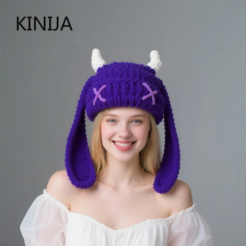 Теплая шапка на шлем с длинными ушками Y2K, вязаная шапка для женщин, зимняя универсальная забавная пуловерная шапка, мужская холодная шапка в стиле панк, готика