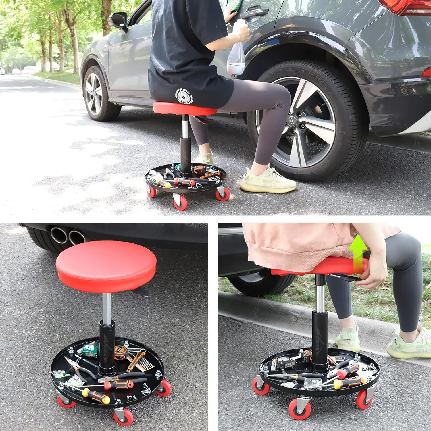 Car Repair Stool Adjustable Liftable Rolling Round Workshop Repair Seat 5 Wheels Auto Repair Tool Mechanic Stool for Repair