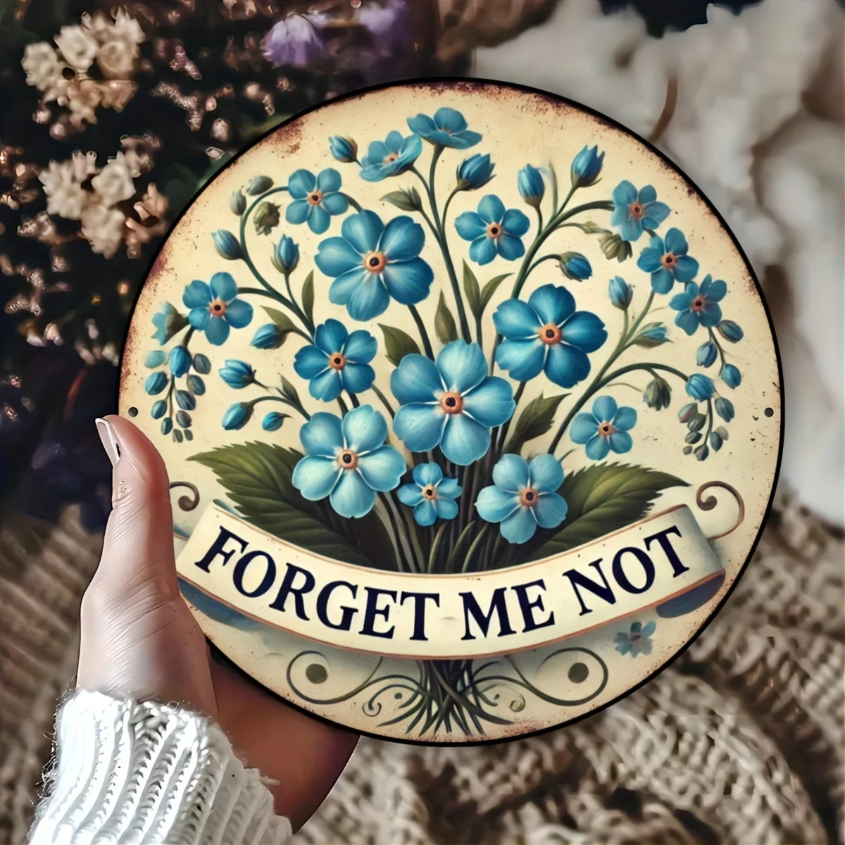 لافتة ألومنيوم على شكل زهرة "Forget Me Not" عتيقة - لوحة زهور مبتكرة، هدية عيد الحب، ديكور فني جداري للمقهى، المرآب، البعيد