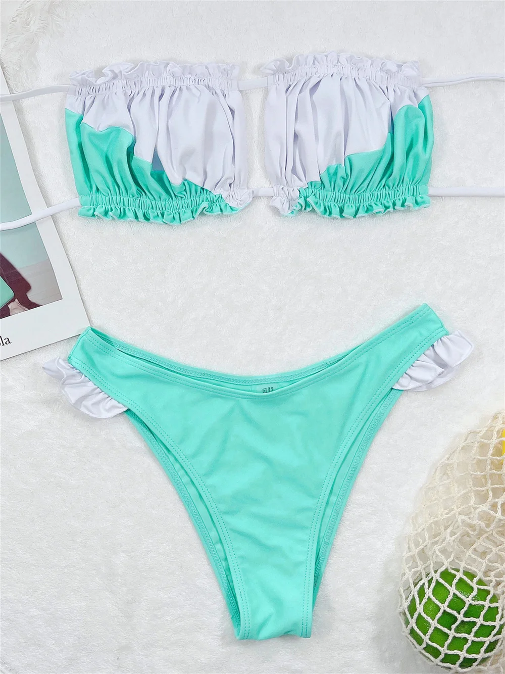 

White Green Ruffled Bandeau Swimsuit Hollow Out Extreme String Backless Bikini Tanga Vacation Swimwears Women Beach Bathing Suit