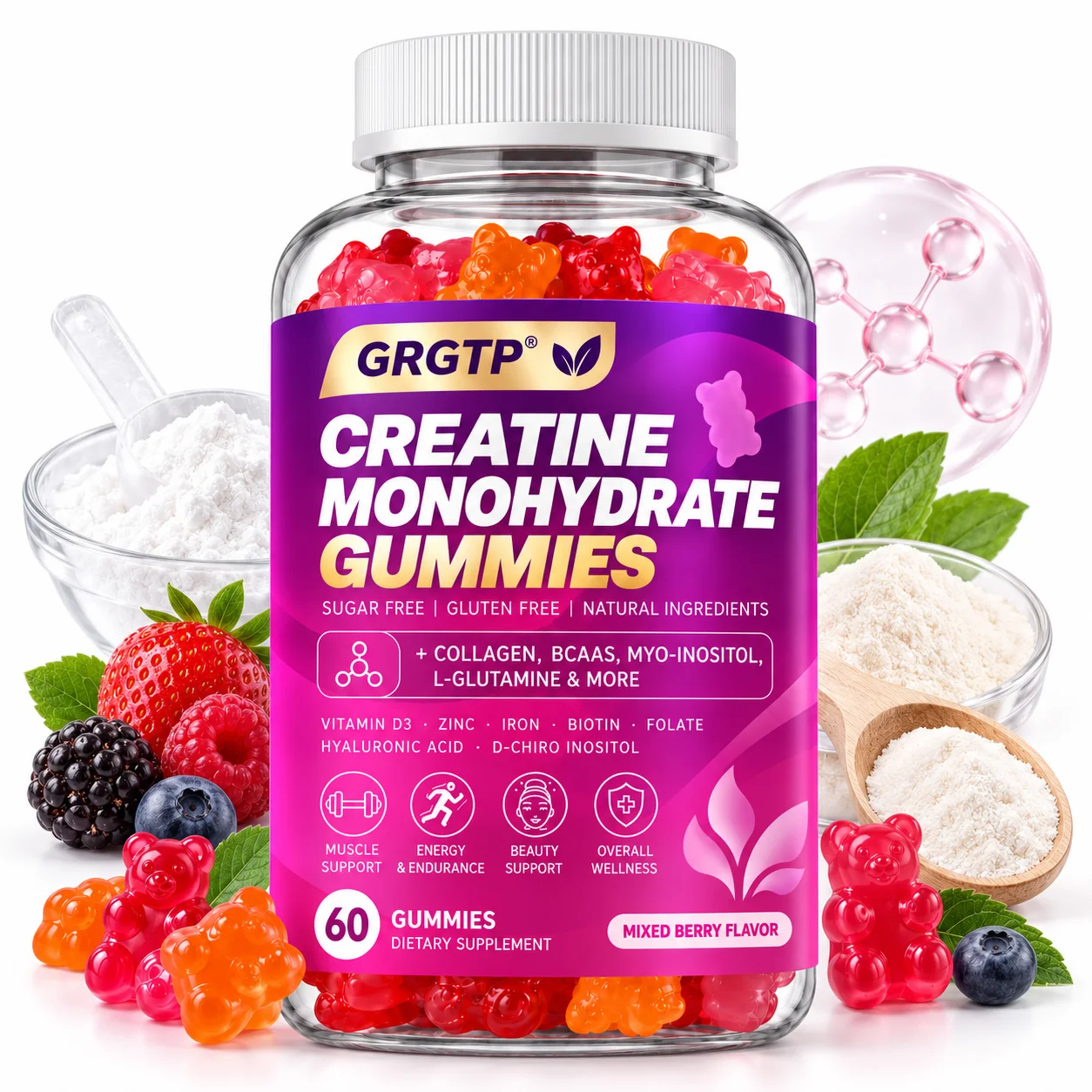 Creatine Monohydrate Gummies - Muscle Recovery and Strength, Improve Athletic Performance, Supports Healthy Hair, Skin & Nails