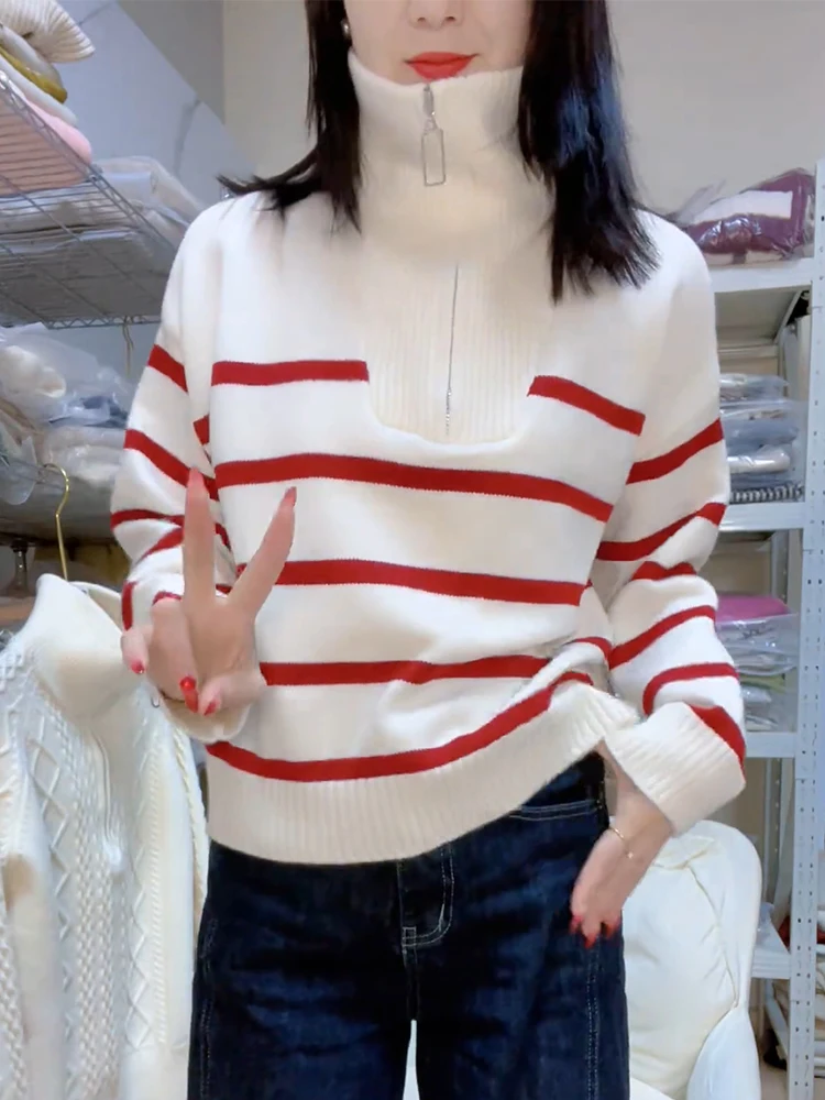 

Korean Sle f Zipper Knitwear Striped plus Size Faionable Top Winter High End Feeling Meat Covering Spring Commute