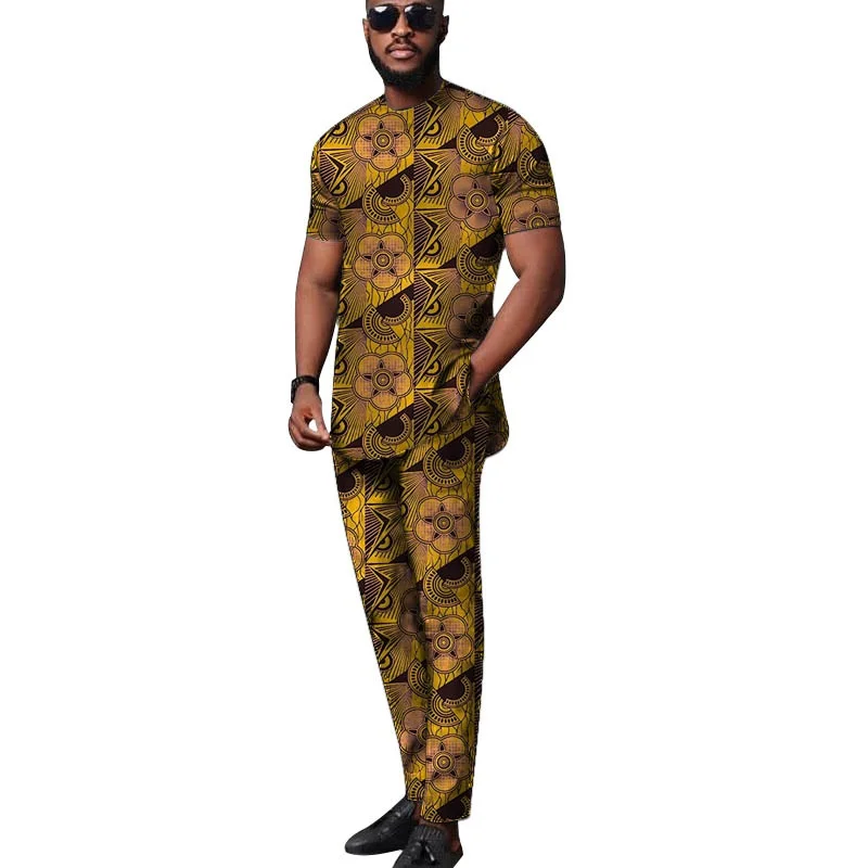 African Tops+Elastic Waist Trousers Male Groom Suit Nigerian Fashion Short Sleeves Men\'s Sets Party Wear