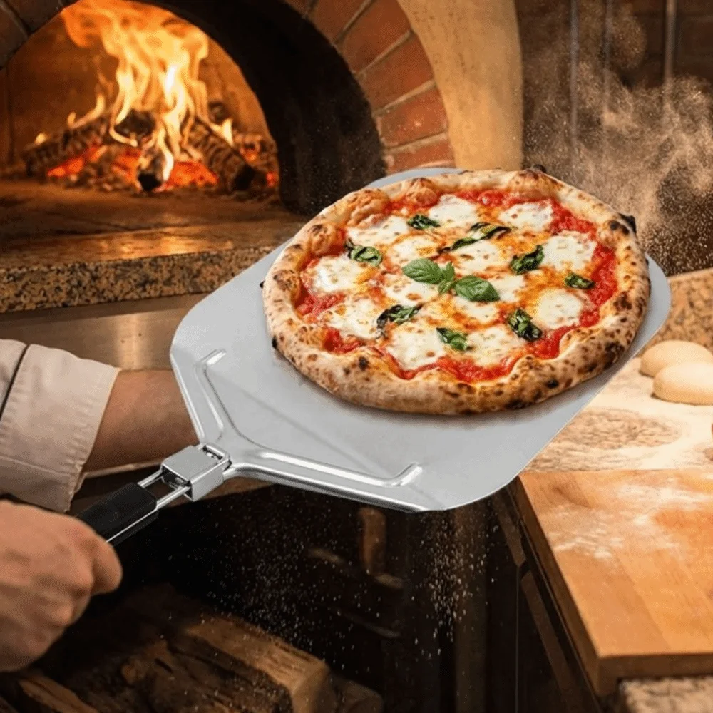 

Metal Non-Stick Pizza Shovel Long Handle Folding Pizza Peel Smooth Surface Easy Glide Pizza Transfer Tray Baking Pizza Bread